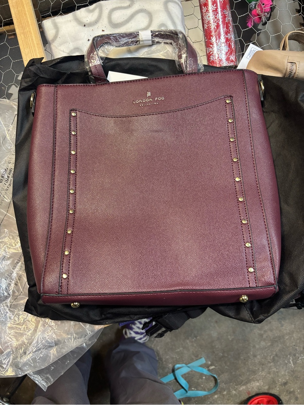London Fog Plum Tote with Gold-Tone Studs